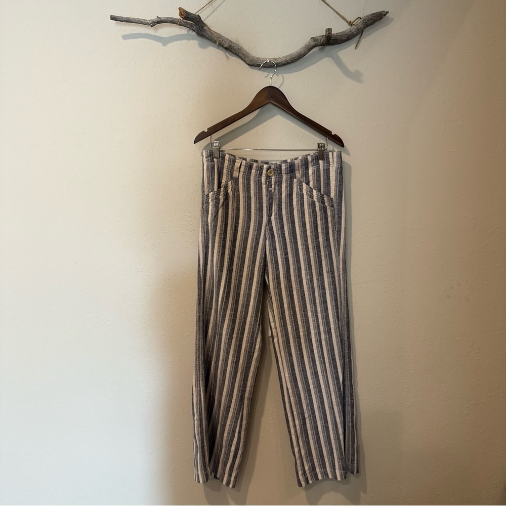 Anthropologie Linen Blue Stripe Wide Leg High-Rise Stripe Pants - Picture 3 of 8